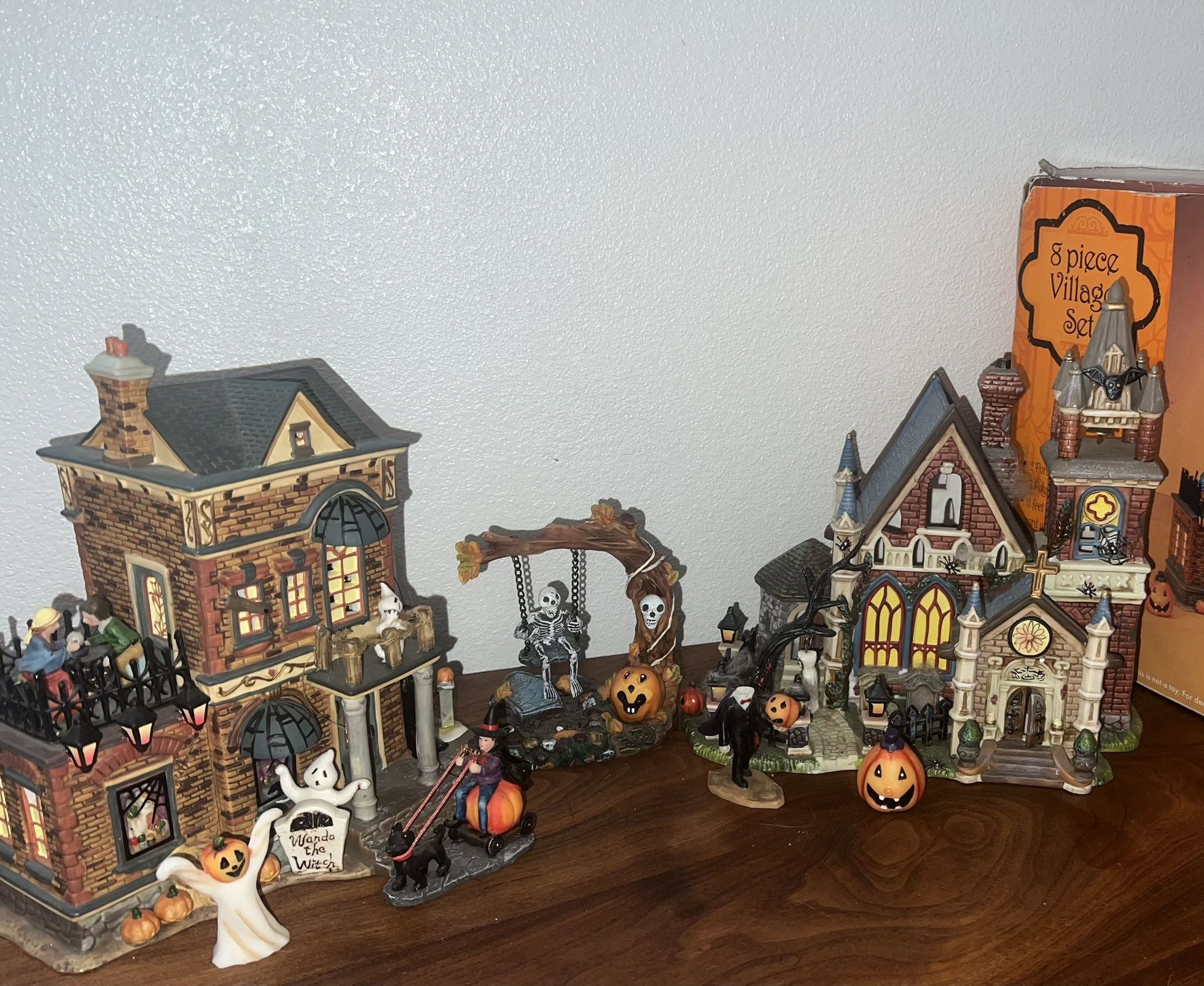 Vintage Halloween Village Set Porcelain Lighted Houses With Box 8 Piece Dept 18