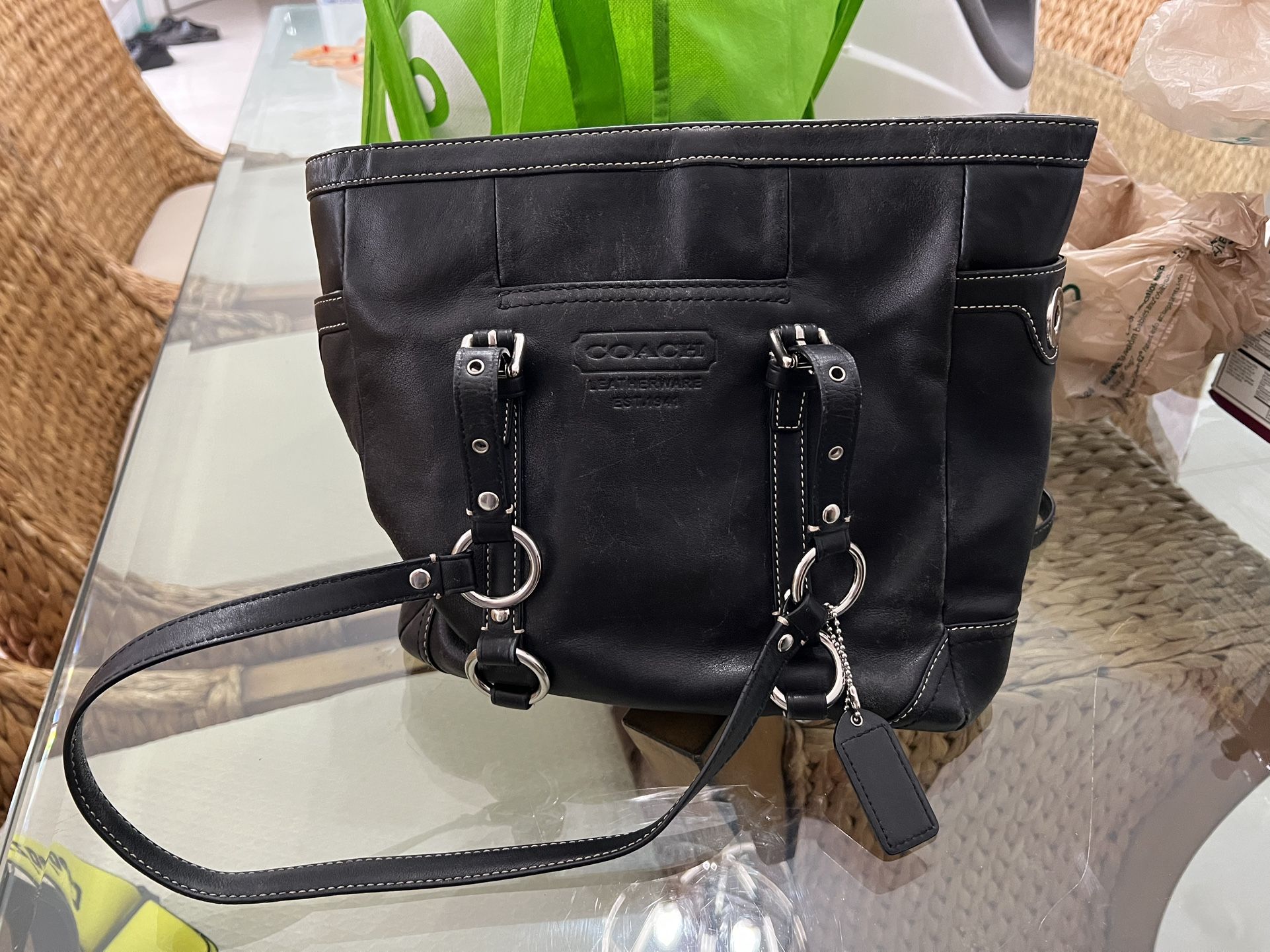 Coach Vintage F12343 Black Leather Gallery East West Tote Handbag Double Strap