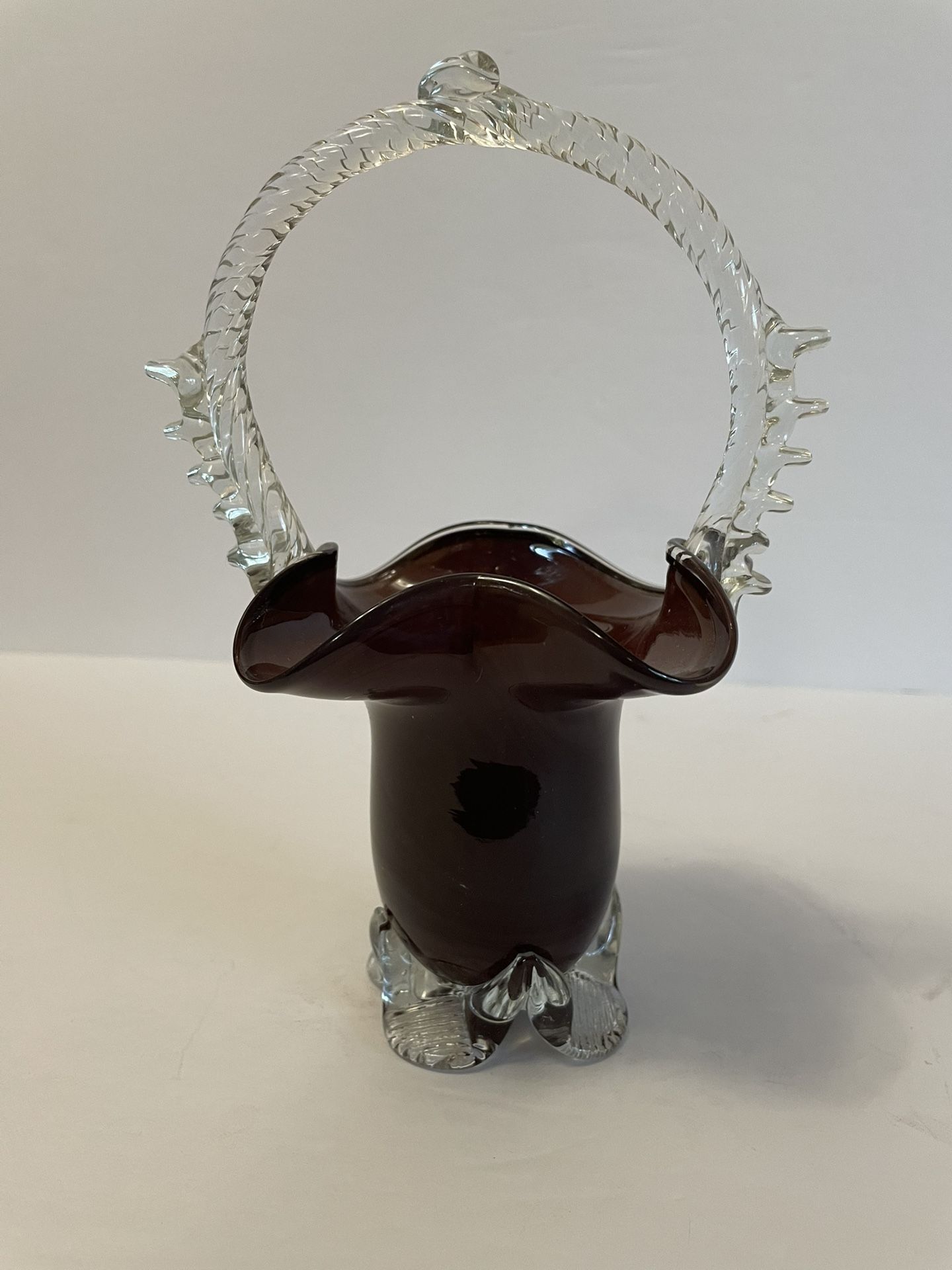 Romanian Hand Blown Dark Amethyst Art Glass Basket