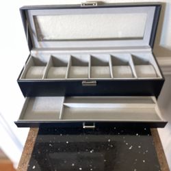 Faux Leather Watch Display Case A with a Glass Top and Bottom Drawer