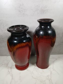 Set of 2 Handcrafted Glazed Ceramic Vases – Rich Red & Black Tones