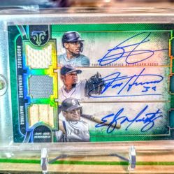 Julio Rodriguez Edgar Maintenance Felix Hernandez Triple Auto /18 2024 Topps Triple Threads