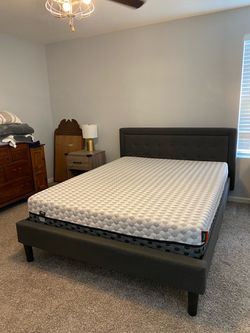 Upholstered Platform Bed | Headboard and Metal Frame with Wood Slat Support, Dark Gray, Queen Size with Mattress