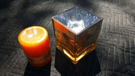 Beautiful Teleflora Glass Candle Holder With Pumpkin Spice Pillar Candle.