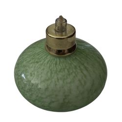 This item is a vintage art glass Hand Blown perfume bottle featuring a green iridescent or mottled finish. 