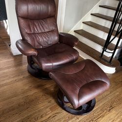 Brown Leather Adjustable Chair + Ottoman