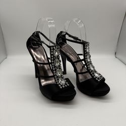 Michael Shanon  Julie Womens Black Satin Rhinestone Embellished Strappy Platform Heels Size 8.5M