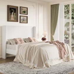 Queen Size Platform Bed Frame with Velvet Upholstered Wingback Headboard, Off-White