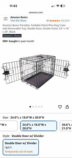Amazon Basics Portable, Foldable Metal Wire Dog Crate with Removable Tray, Double Door, Divider Panel, 24" x 18" x 20", Black