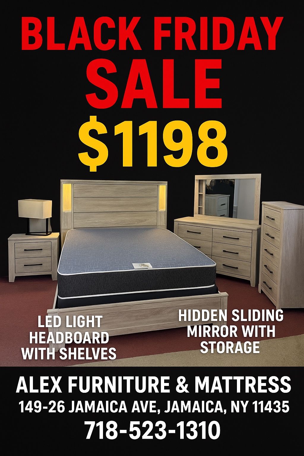Black Friday Sale! Brand New Bedroom Set With Bed, Dresser, Mirror, Chest & Night Stand Over 50% Off!! 