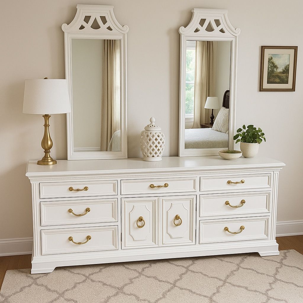 Stunning Vintage White & Gold Bedroom Furniture Set – Dresser + Nightstands + Two Mirrors