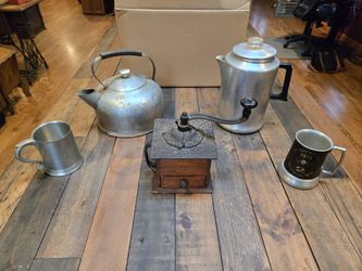 Vintage Coffee Grinder Kettle Percolator Mugs Lot