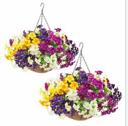 (B-45) 2 Set Artificial Outdoor Flowers with Hanging Baskets,24 Pcs UV Resistant Faux Petunias Flowers with Hanging Planter for Front Door Porch Sprin