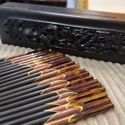 Beautiful walnut carved box with 19 chopsticks