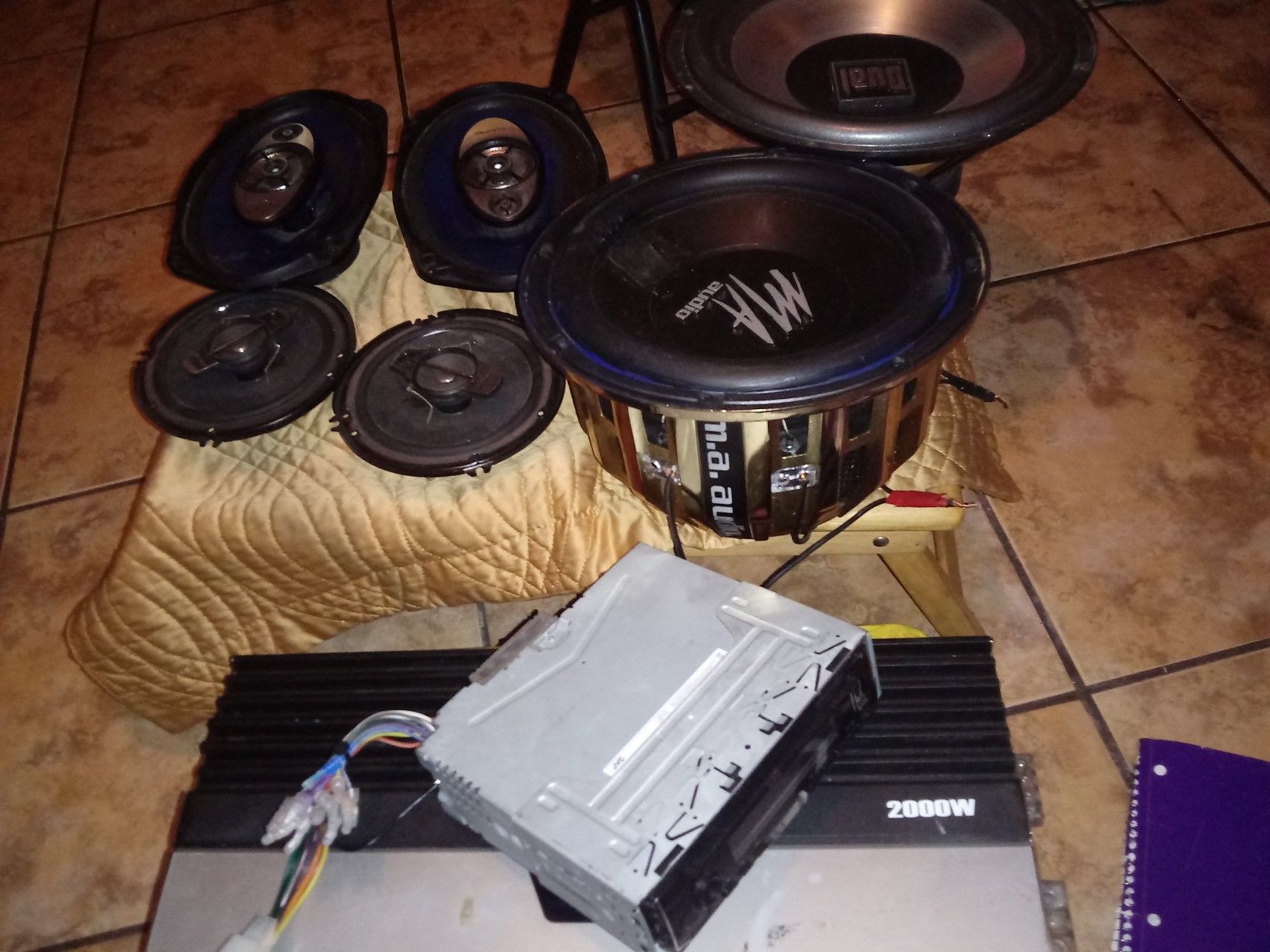 MA audio 750watt 10"sub two 6×9 230 watt pioneer two 320watt pioneer door speakers JVC Bluetooth deck 2000 watt NTX SUBSONIC AMP