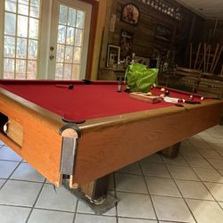 Antique Oak Pool Table - Red Felt (new) No Tears 