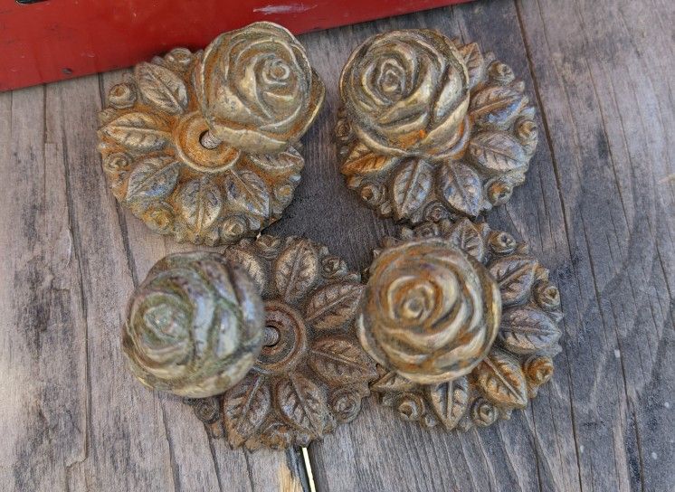 4 Antique Brass Rose Drawer Knobs