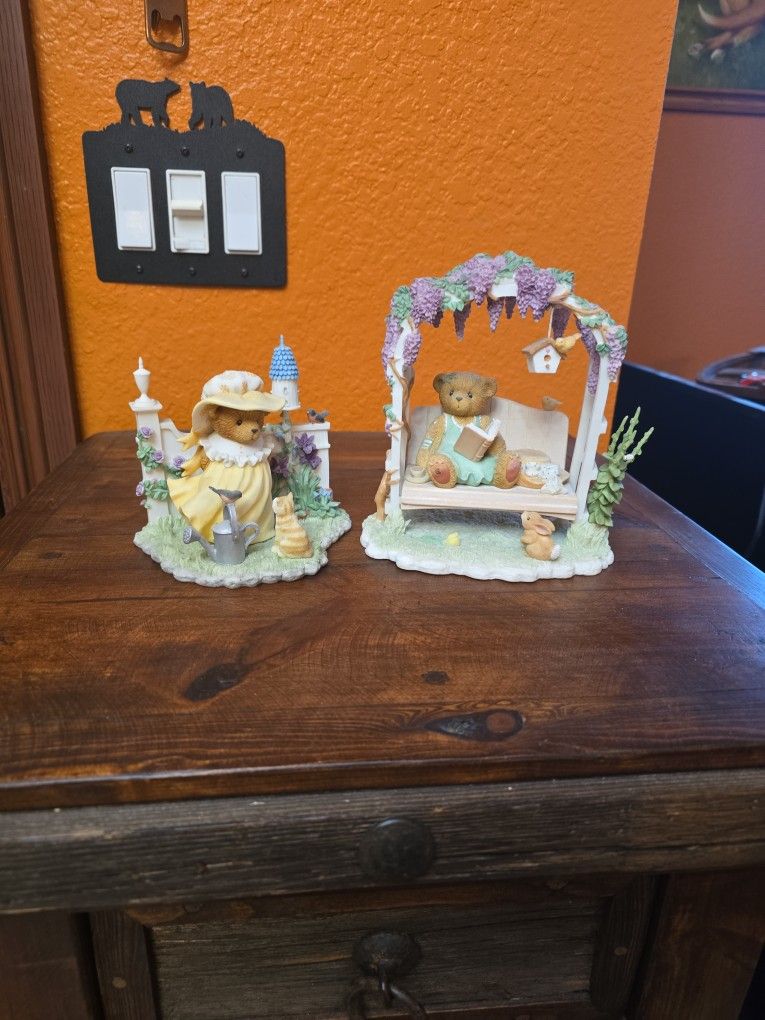 Cherished Teddies Priscilla Clara Genevieve Signed Members Only Figurine Bear On Swing Garden Cat Bunny Vintage Rare Large Summer Spring Bonnet Vtg