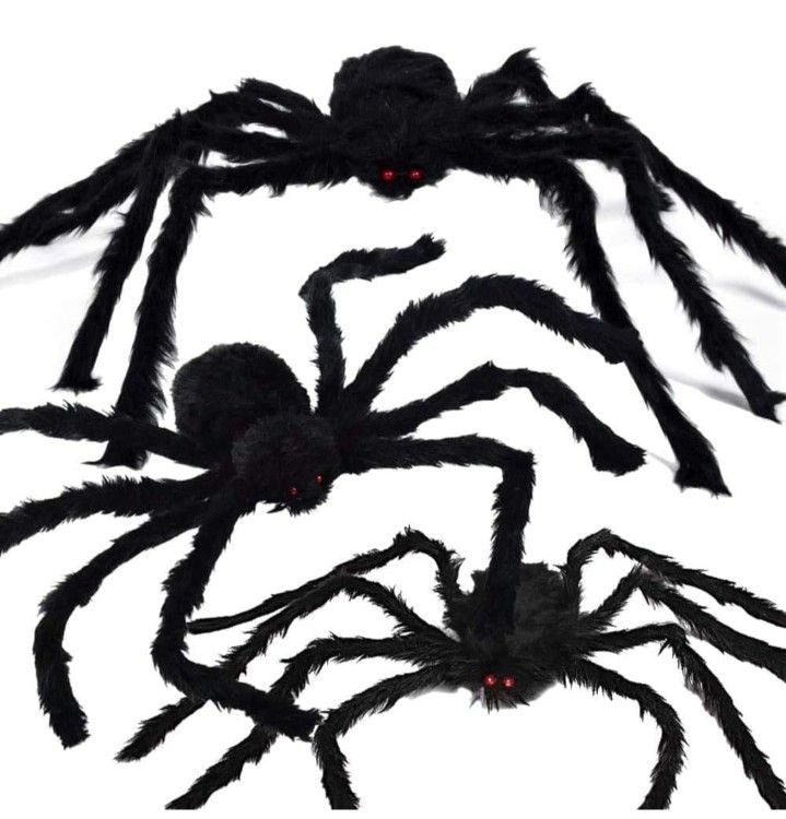 3 Pcs Huge Scary Creepy Fake Hairy Spider Prop Black Spooky Spider Party Supplies for Yard Home Outdoor Indoor Decor (50in, 36 and 30in)