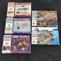 5 Kids Puzzle Set – Dinosaurs, World Map, Solar System & City Views (500 & 1000 Pieces)