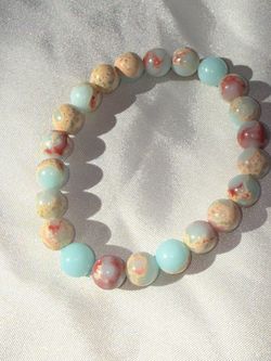 Light Blue and Red Marbled Gemstone Beaded Stretch Bracelet