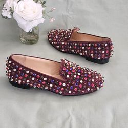 Women's Christian Louboutin Maroon Suede Multicolor Studs Loafers Flats Size 5 US (fits Size 5.5)