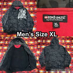 Ecko Unltd Hoodie Mens XL Black Grey Graffiti AOP Rap Hip Hop Vintage Y2K Flaws