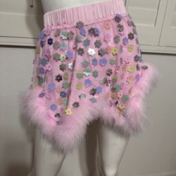 New 1xl pink short sequin floral feather mini skirt festival rave boho fairy