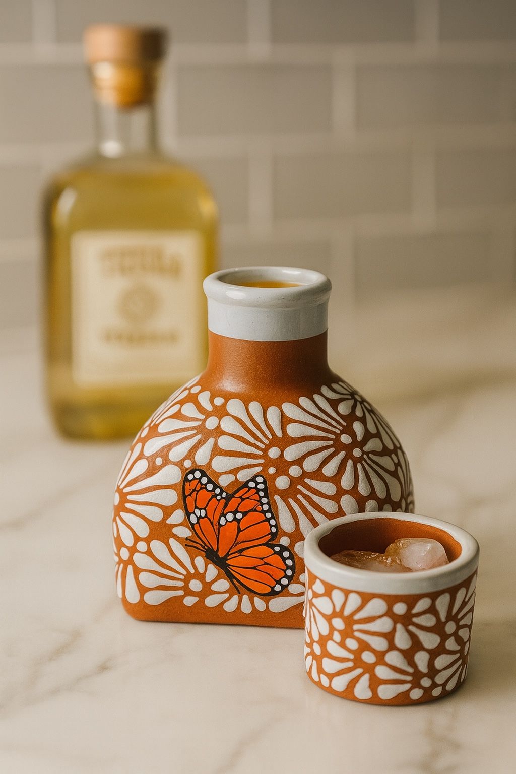 Talavera Butterfly Tequilero Botellon | Brown & White | Lead Free