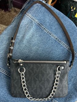 Michael Kors Black Logo Canvas Silver Pull Chain Fanny Pack Belt Bag