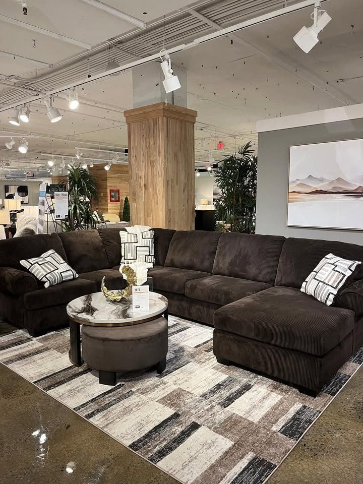 Large Sectional w/Chaise wrapped in warm chocolate brown fabric
