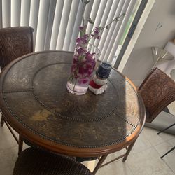wooden table with cat designs with 3 chairs