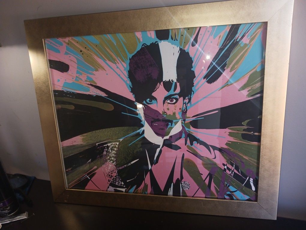 Prince Art Electic Visionary Pioneer Electric Blue Neon Pink Acid Green Splash .Frame with glass 23 x 19"perfect piece for mega fan