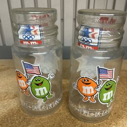 2) M&M's Glass Candy Jar 1984 Olympics Los Angeles Vintage Collectible 8" Tall