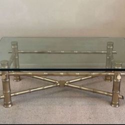 Antique Vintage Mid Century Modern Hollywood Regency Gold Glam Thick Faux Bamboo Base Glass Top Coffee Cocktail Table