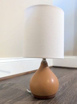 Small Tan Ceramic Lamp, Teardrop Base, White Shade, $15