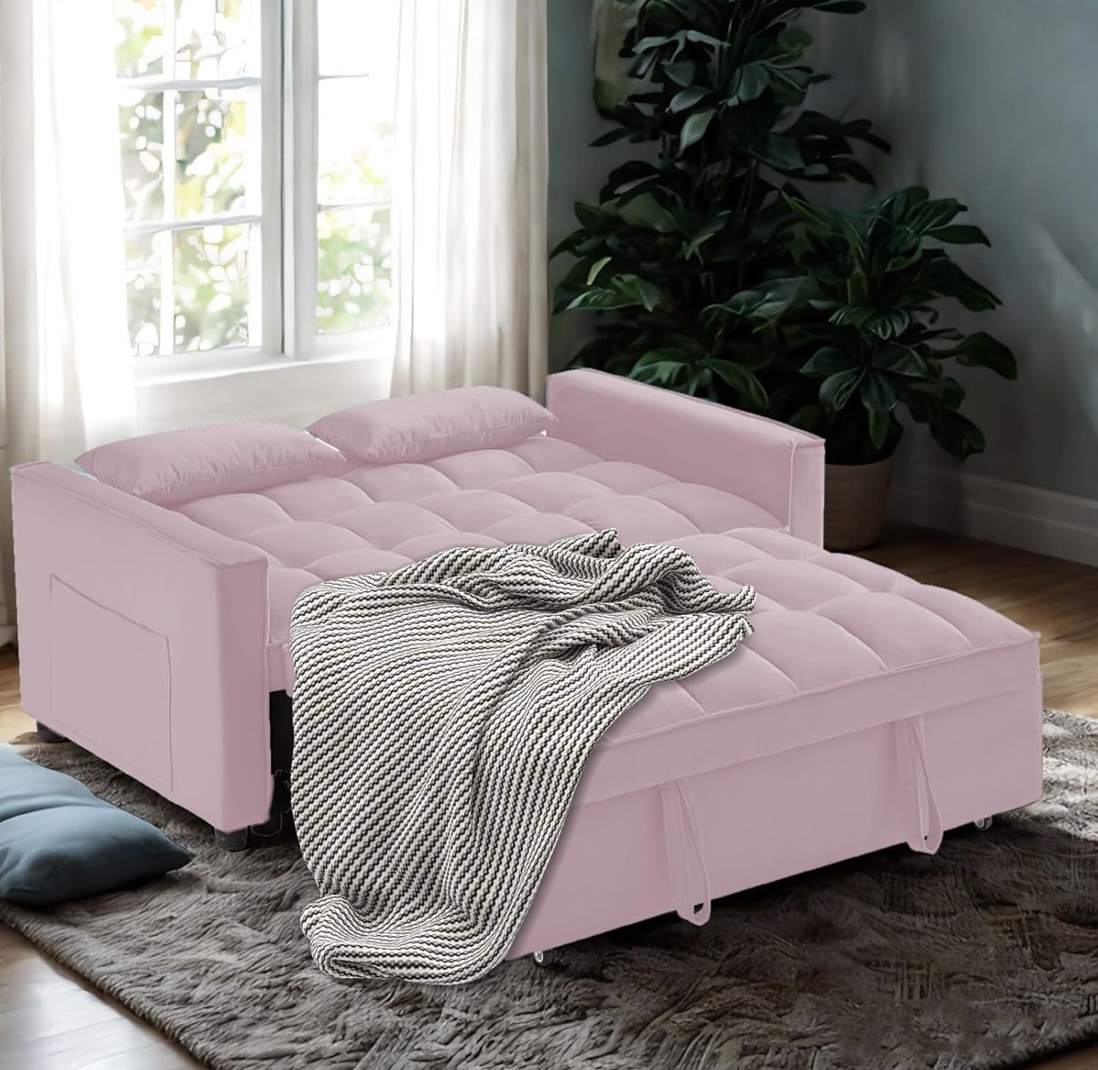 3-in-1 Futon Sofa Bed, Sleeper Loveseat Sofa Cama for Apartment, Convertible Sleeper Sofa with Pull Out Couch, Velvet Couch with Pull Out Bed and Side