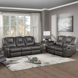 👉🏻 Liquidation🔥  Katrine grey Sofa and loveseat dual reclining charcoal faux-leather - manual motion