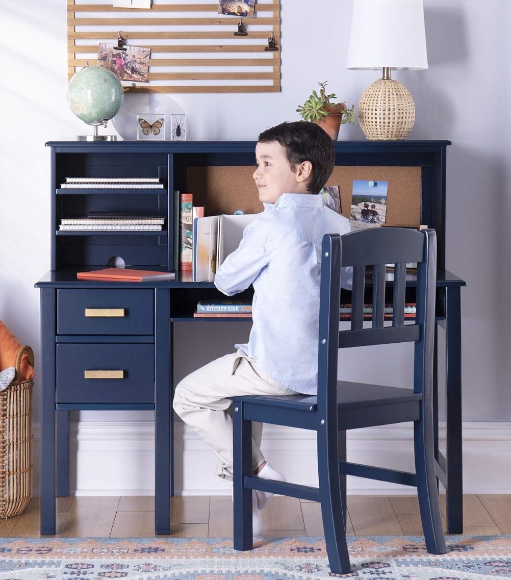 Guidecraft Taiga Desk, Hutch and Chair Set - Navy: Kids Wooden Study Computer Workstation, Children's Bedroom Table with Storage Drawers and Adjustabl