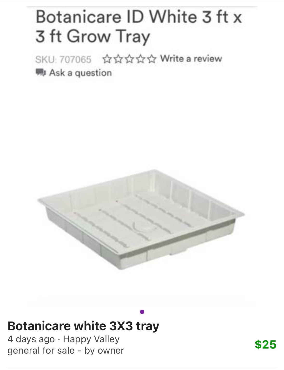 Botanicare White 3X3 Grow Tray