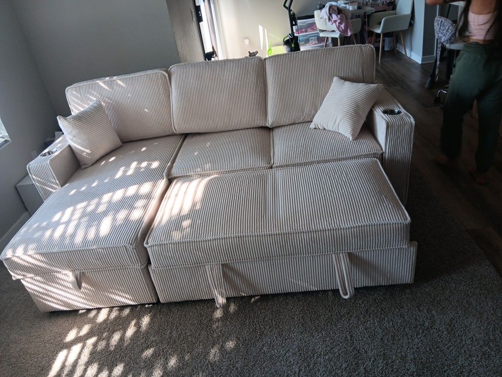 2pcs Sectional sofa w/storage chaise,pulloutbed,cupholders...