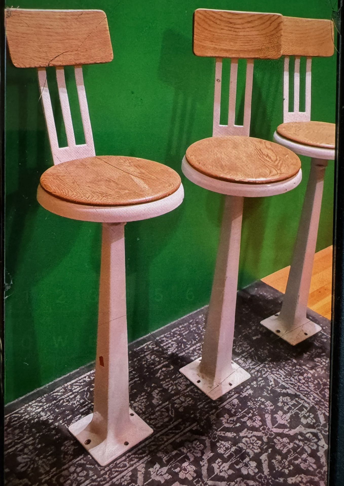 Vintage Barstools- Cast Iron, Porcelain And Oak $450