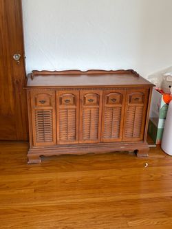 Vintage Wood Console Cabinet with Louvered Doors