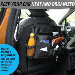Multi-Pocket Organizer - Classic Black Durable Rugged Pack Cloth Premium Quality compact Car Seat Driver Headrest Organizer