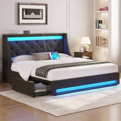 Rolanstar Queen Bed Frame with 4 Storage Drawers, Charging Station and LED Lights, Upholstered Platform Bed with Heavy Duty Wooden Slats, N
