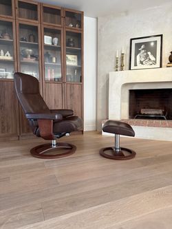 IMG Norwegian Leather Swivel Recliner + Ottoman – Brown Leather