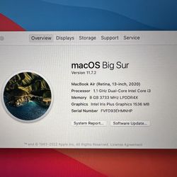 Mac Apple 13 inch MacBook air retina 2020 intel core i3 256gb SSD Space Gray laptop notebook computer