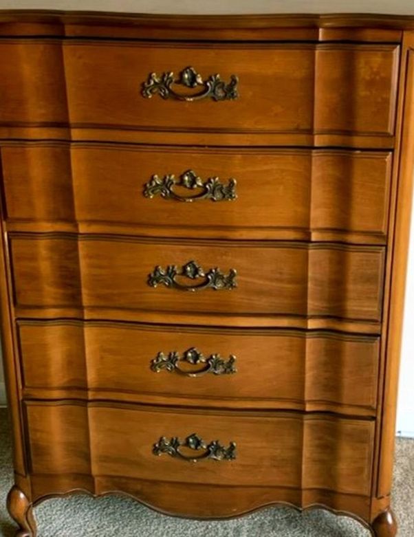 French Provincial Tall Boy Dresser Vintage Drawers Wood Metal Accent Antique