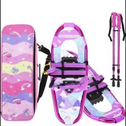 Brandnew Kids Snowshoes for Kids Pattern Design for Stylish Look Snowshoes for Kids Lightweight Aluminum Youth Snowshoes with Poles and Storage Bag