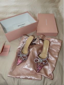 Mach & Mach Pink Crystal Bow Mules Heels w/ Box & Dust Bags